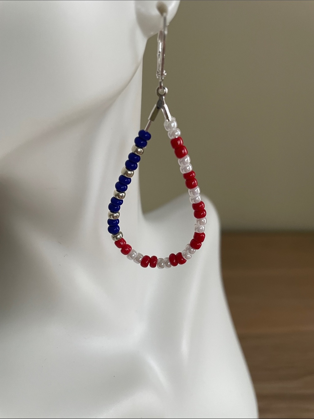 HAND CRAFTED PATRIOTIC BEADED TEARDROP HOOP EARRINGS Red White Blue 4th of July - Picture 3 of 9